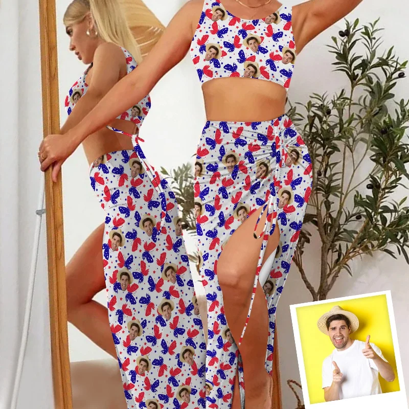 Cool Summer Custom Face Stars Beach Outfits Dress Personalized Women's Sleeveless Backless Crop Top & Side Slit Drawstring Skirt Set