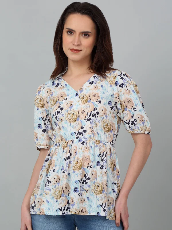 Noble Temperament Women's Casual  Multi Colr Floral Print V neck Top