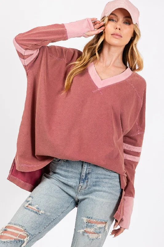 Casual And Comfortable Mineral Wash Side Slit Contrast T-Shirt