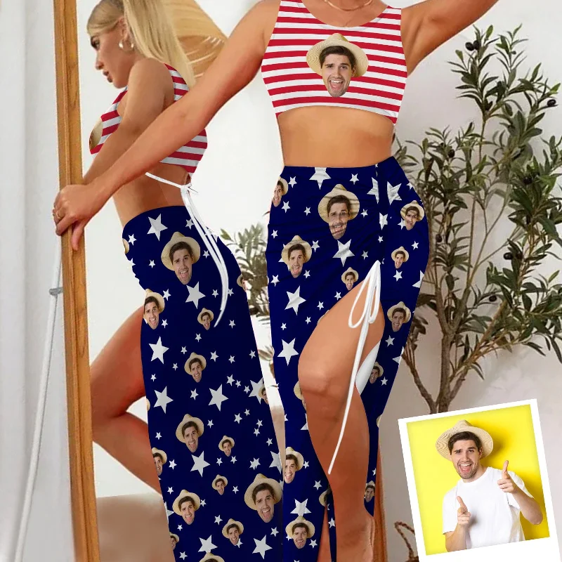 Knitted Design Custom Face American Flag Style Beach Outfits Dress Personalized Women's Sleeveless Backless Crop Top & Side Slit Drawstring Skirt Set
