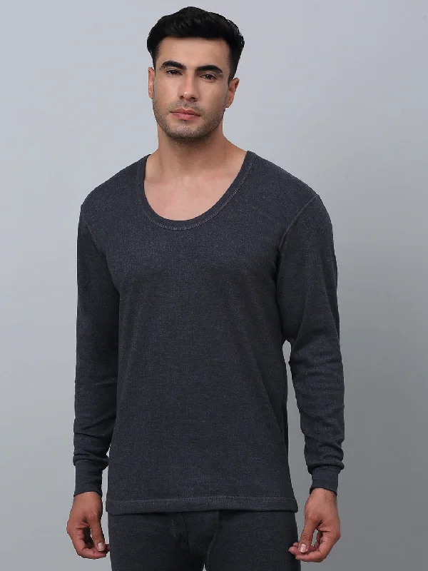 Solid Round Neck Full Sleeves Grey Thermal Top For Men