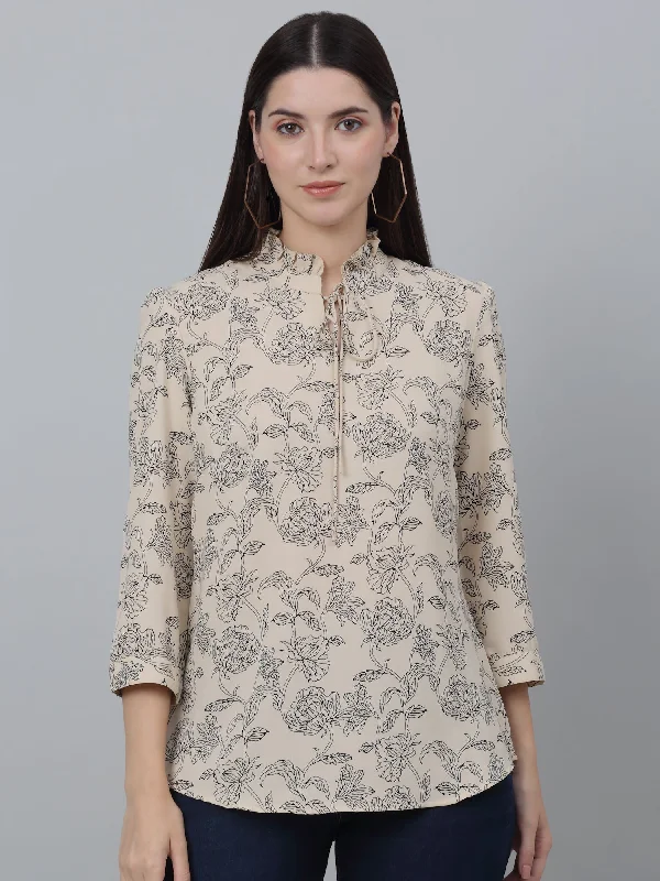 Women's Casual  Beige Floral Print Mandarin Collar with tie up Top