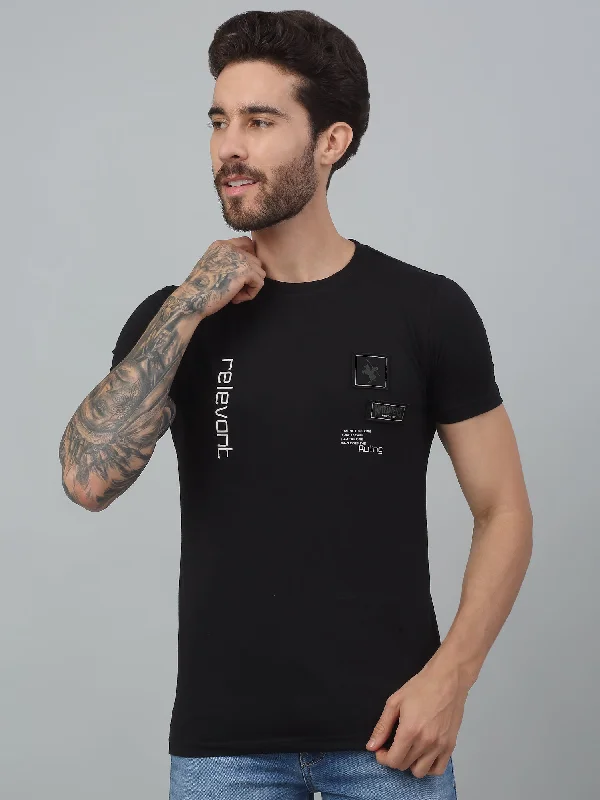 Easygoing Fashion Men's Black  Round neck Half Sleeve T-Shirt with applique & print