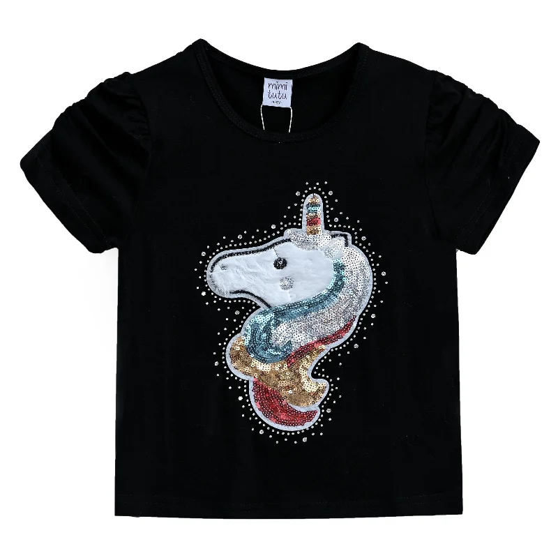 Cozy Look Black Unicorn Applique T-Shirt
