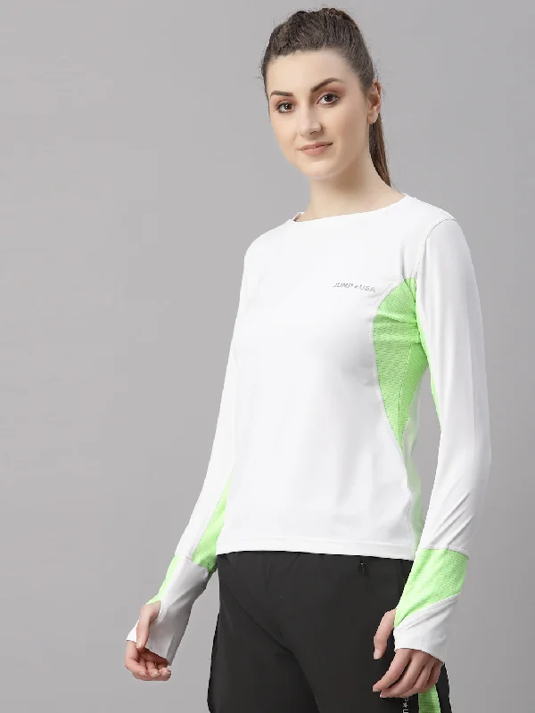 Wearable At Home Or Out JUMP USA Lifestyle Women White & Neon Green Polyster Round Neck T-Shirt