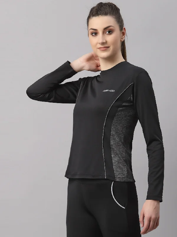 Single-shoulder Neck Design JUMP USA Lifestyle Women Black & Dark Anthra Polyster Round Neck T-Shirt