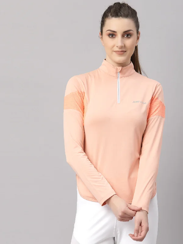 Unique Design JUMP USA Lifestyle Women Coral & Neon Peech Polyster Stand Collor T-Shirt