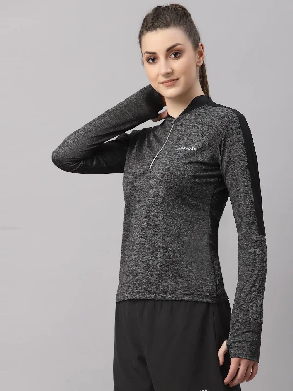 Carefree Style JUMP USA Lifestyle Women Dark Anthra & Black Polyster Stand Collor T-Shirt