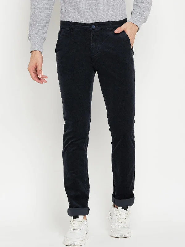 Slim Fit Men's Casual Flat front Navy Blue Corduroy Trousers