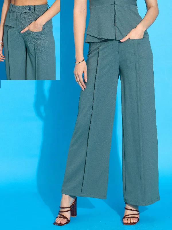 Energy Wear Women Green Front Pleated Straight Fit Trousers