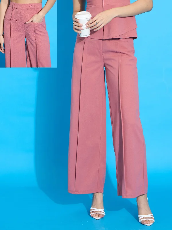 High-end Wear Women Peach Front Pleated Straight Fit Trousers