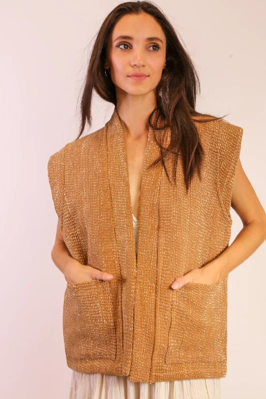 BEIGE KANTHA VEST GIDI