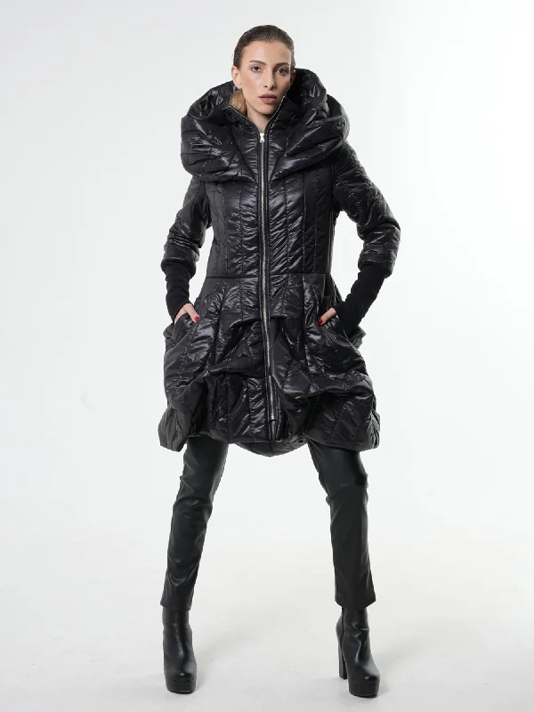 Black Puffer Coat With Large Collar