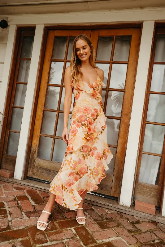 French Retro Asteria Open Back Ruffle Midi Dress