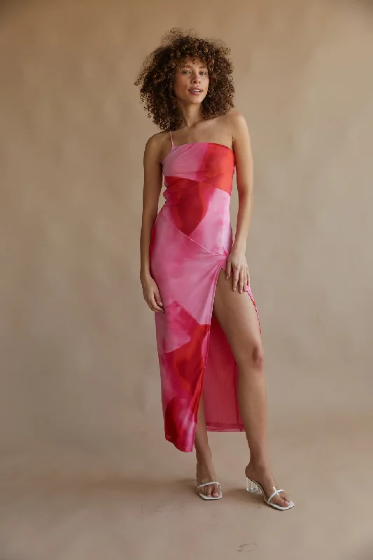 High-end Fabrics Aurora One Shoulder Mesh Maxi Dress