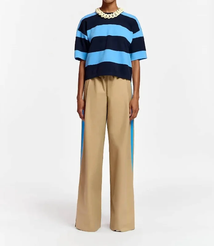 Elegant And Noble Beigh Wide-Leg Pants With Blue Stripe In Khaki And Blue