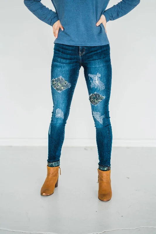 Wearable At Home Or Out Double The Fun Patched Jeans In Dark Wash