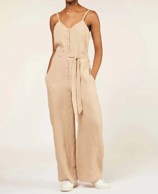 Celebrity Style Linen Overall In Beige